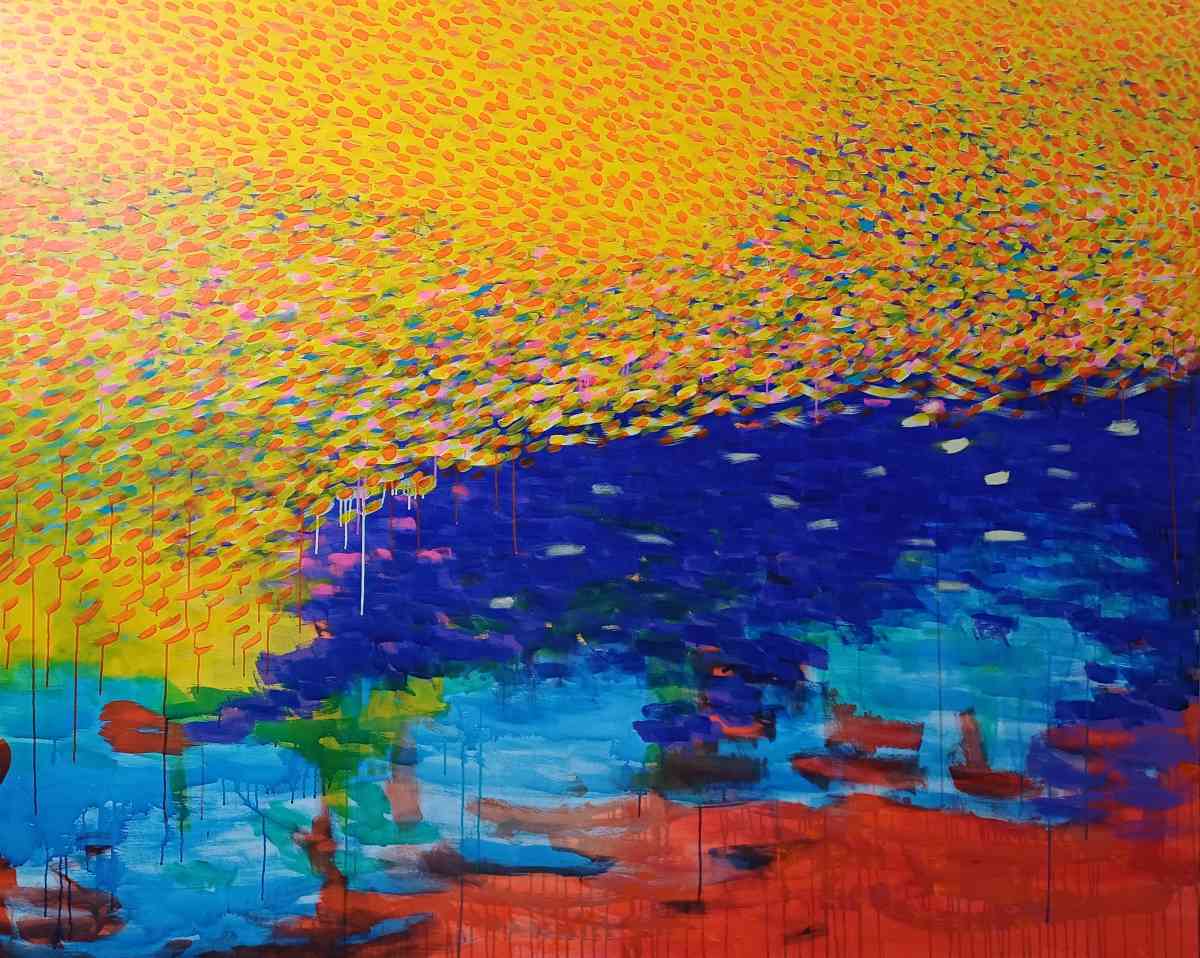 Artist name_ Maksuda Iqbal Nipa, Title_ Serenity in Chaos, Medium_ Acrylic on Canvas, Size_ 228 x 182 cm, Year_ 2025