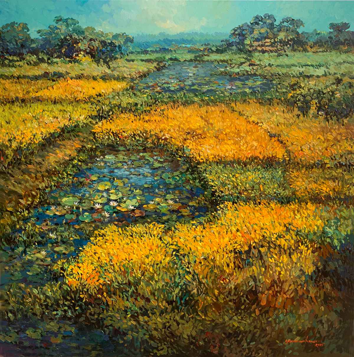 Lotus in the Harvest'' artist Shahanoor Mamun. Acrylic on canvas, painting size- 4 x 4 feet
